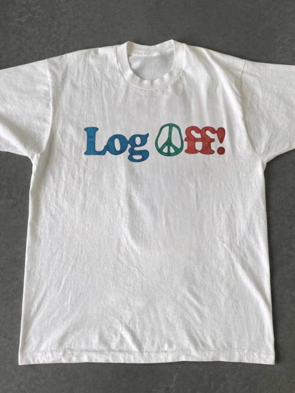 Gildan White T-Shirt with 'Log Off!' Blue/Green/Red Graphic